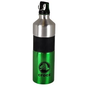 Crocs Green Black Stainless Steel Water Bottle 10" Tall  Lid Durable Logo